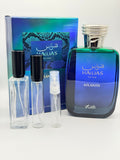 Rasasi Hawas Atlantis For Him EDP deep blue bottle with silver serpent cap and decant vials